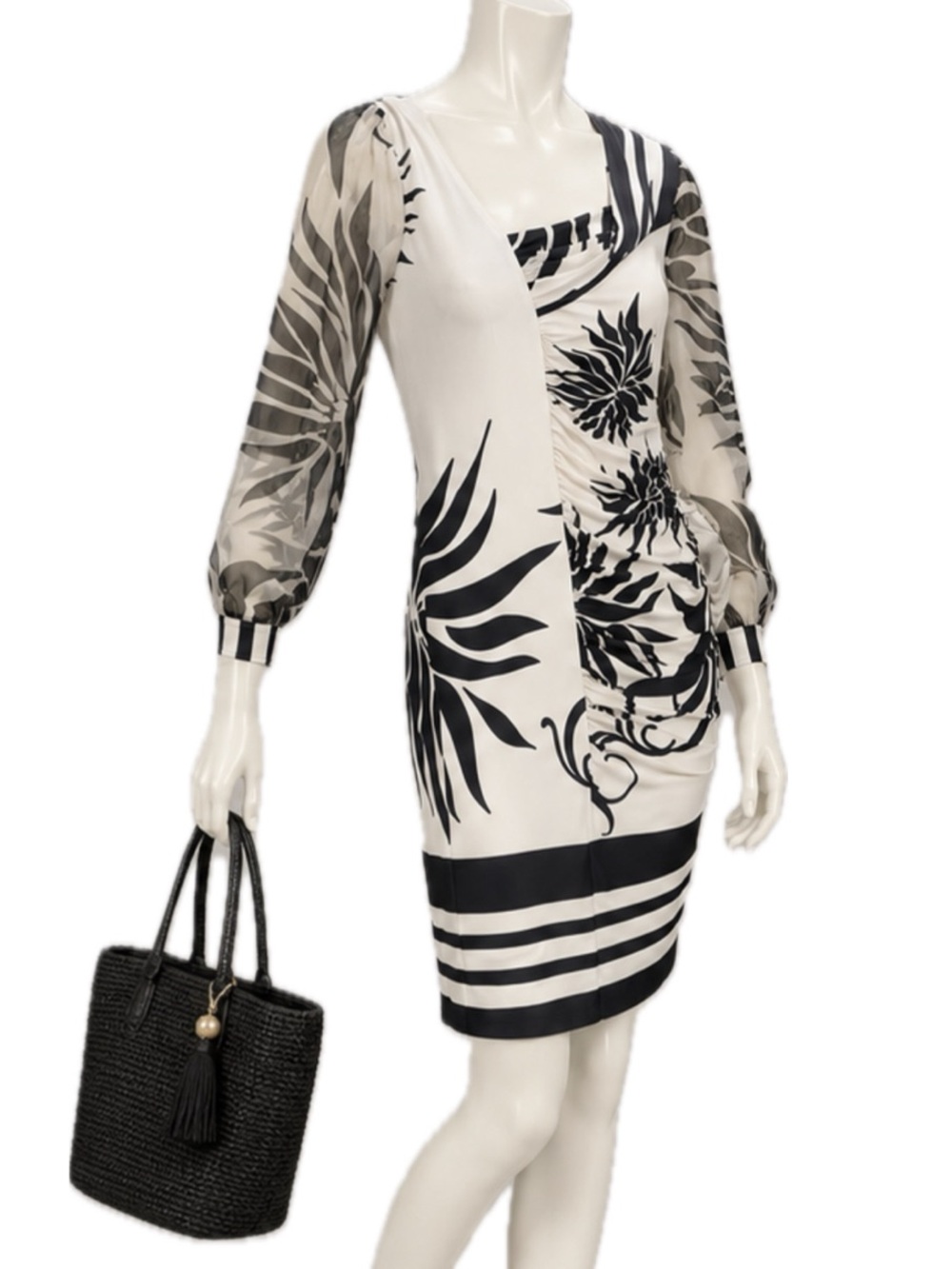 ANALILI Black White Silk Floral Dress Sheer Long Sleeve Slip Lined l Sz L *READ*